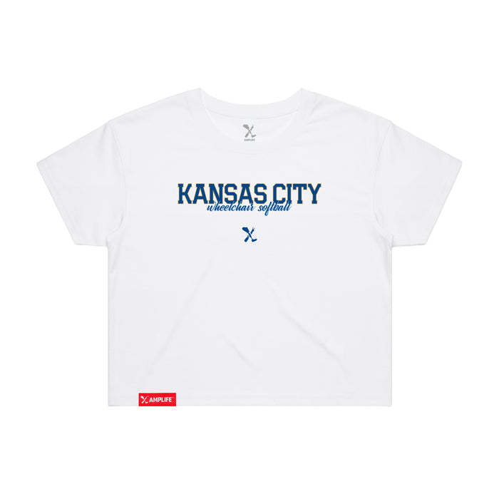 MAS Kansas City Wheelchair Softball Script Women's White Crop T-Shirt on a white background
