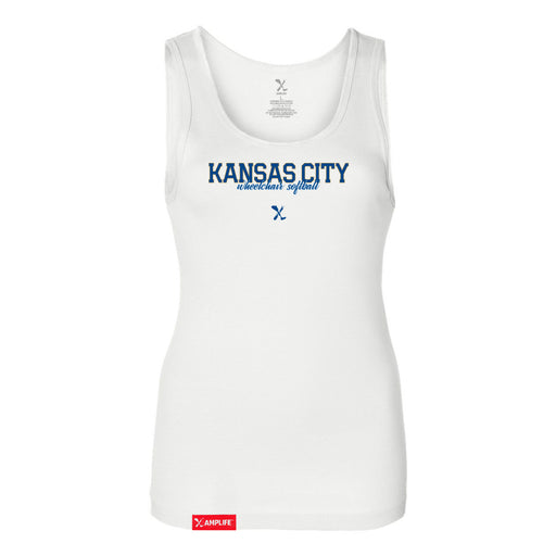 MAS Kansas City Wheelchair Softball Script Women's White Slim Micro Rib Tank Top on a white background