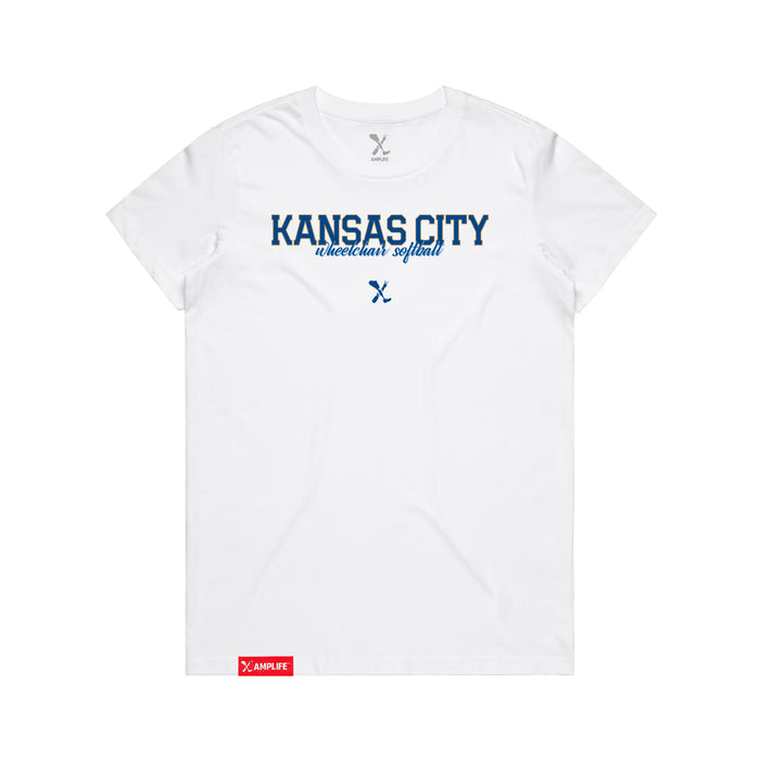MAS Kansas City Wheelchair Softball Script Women's White T-Shirt on a white background