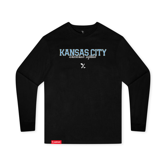 MAS Kansas City Wheelchair Softball Script Youth Black Long Sleeve T-Shirt on a white background