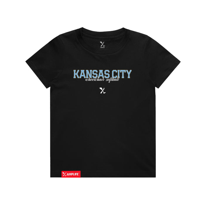 MAS Kansas City Wheelchair Softball Script Youth Black T-Shirt on a white background