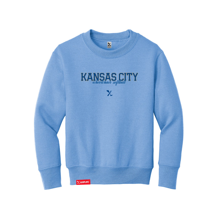 MAS Kansas City Wheelchair Softball Script Youth Carolina Blue Crewneck Sweatshirt on a white background