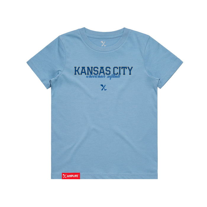MAS Kansas City Wheelchair Softball Script Youth Carolina Blue T-Shirt on a white background