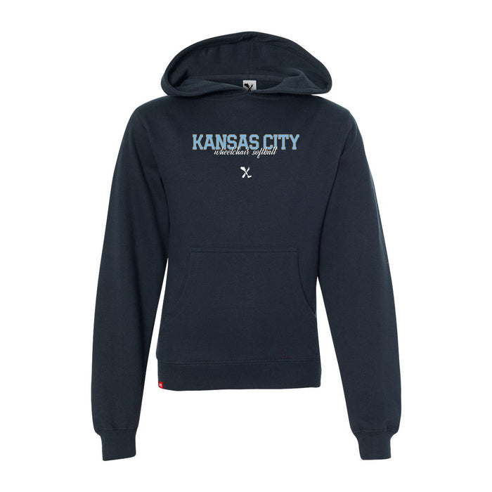MAS Kansas City Wheelchair Softball Script Youth Navy Hoodie on a white background