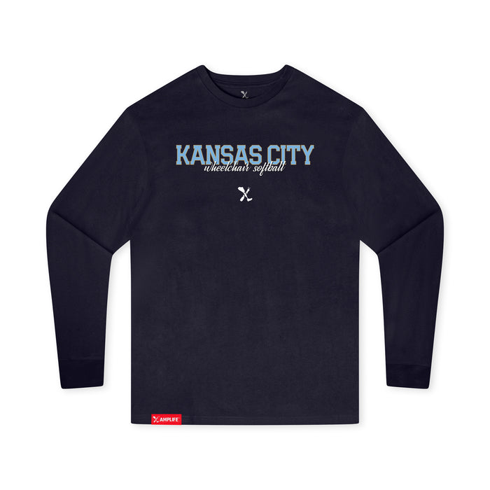 MAS Kansas City Wheelchair Softball Script Youth Navy Long Sleeve T-Shirt on a white background