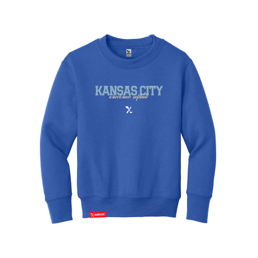 MAS Kansas City Wheelchair Softball Script Youth Royal Crewneck Sweatshirt on a white background
