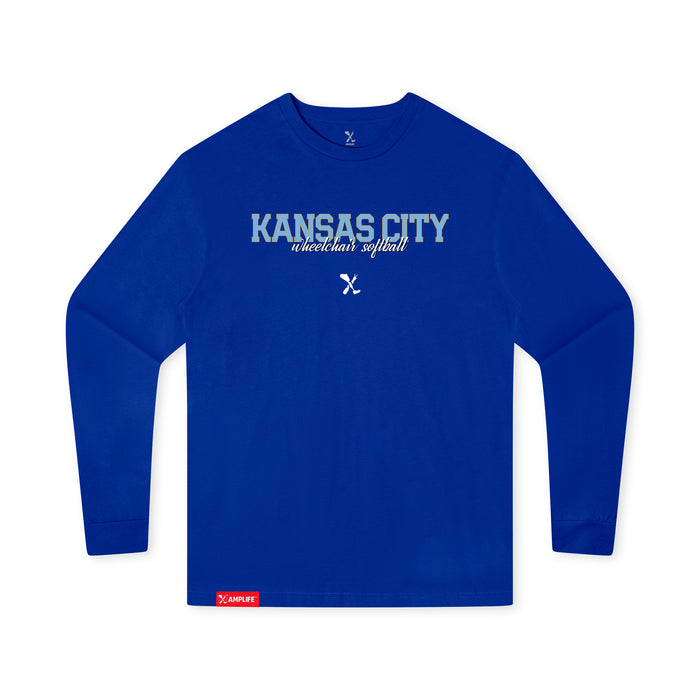 MAS Kansas City Wheelchair Softball Script Youth Royal Long Sleeve T-Shirt on a white background