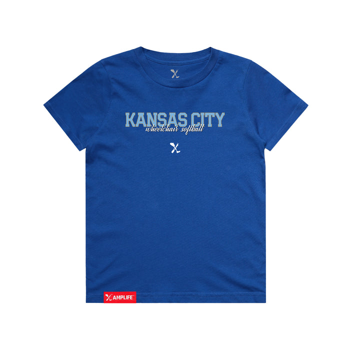 MAS Kansas City Wheelchair Softball Script Youth Royal T-Shirt on a white background