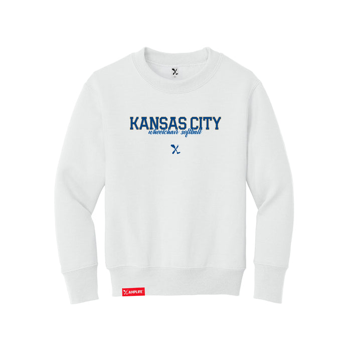 MAS Kansas City Wheelchair Softball Script Youth White Crewneck Sweatshirt on a white background