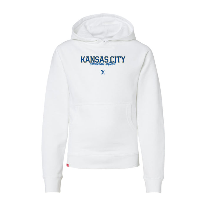 MAS Kansas City Wheelchair Softball Script Youth White Hoodie on a white background