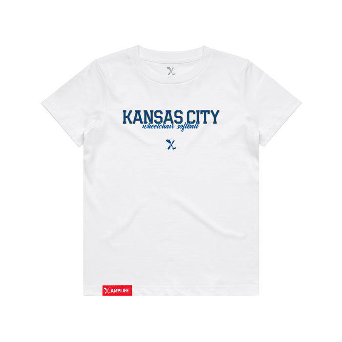 MAS Kansas City Wheelchair Softball Script Youth White T-Shirt on a white background
