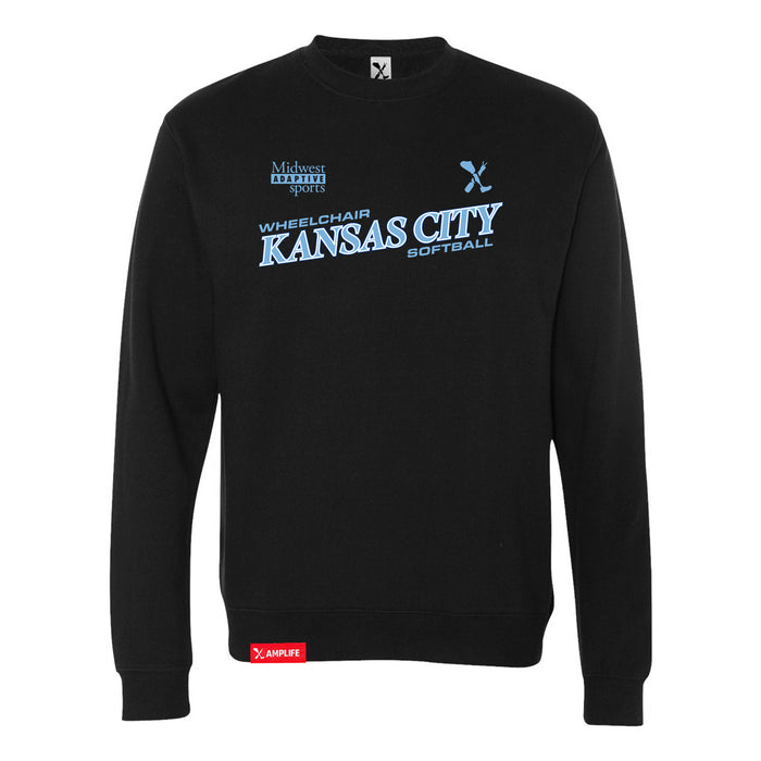 MAS Kansas City Wheelchair Softball Slant Black Crewneck Sweatshirt on a white background