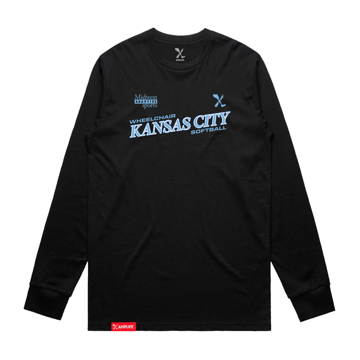 MAS Kansas City Wheelchair Softball Slant Black Long Sleeve T-Shirt on a white background