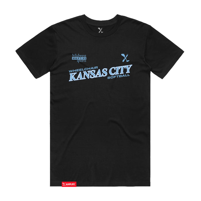 MAS Kansas City Wheelchair Softball Slant Black T-Shirt on a white background