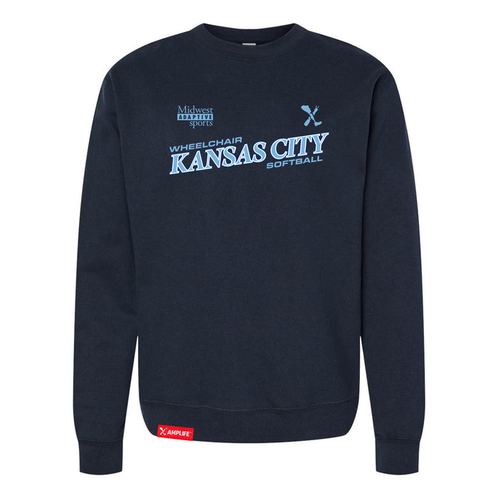 MAS Kansas City Wheelchair Softball Slant Classic Navy Crewneck Sweatshirt on a white background