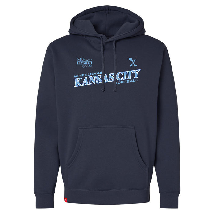 MAS Kansas City Wheelchair Softball Slant Navy Hoodie on a white background