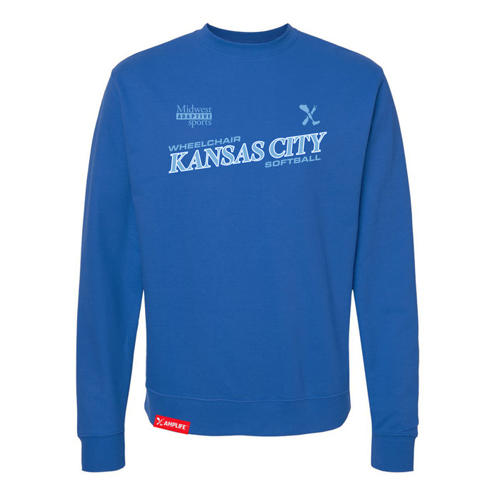 MAS Kansas City Wheelchair Softball Slant Royal Crewneck Sweatshirt on a white background