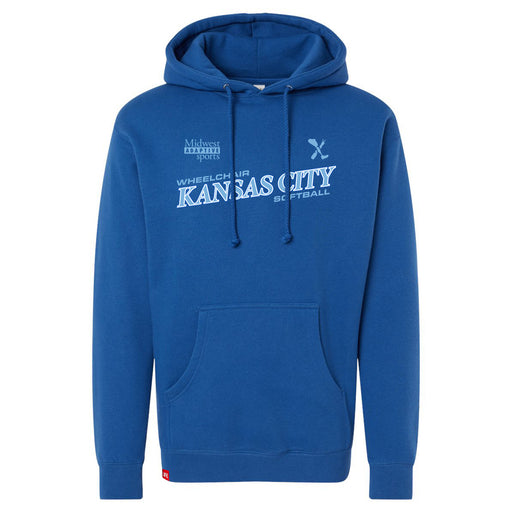 MAS Kansas City Wheelchair Softball Slant Royal Hoodie on a white background