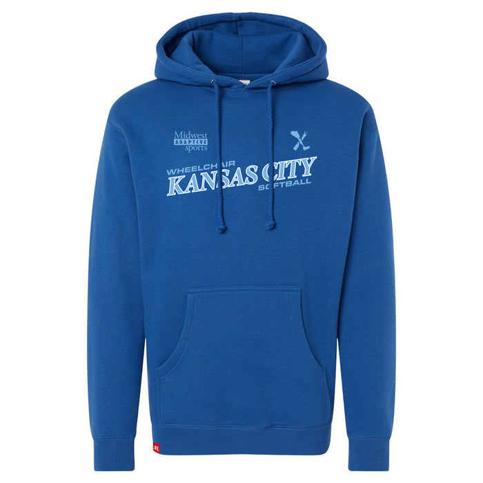 MAS Kansas City Wheelchair Softball Slant Royal Hoodie on a white background