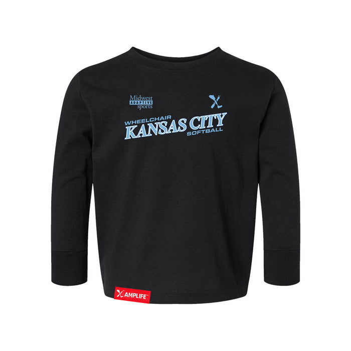 MAS Kansas City Wheelchair Softball Slant Toddler Black Long Sleeve T-Shirt on a white background
