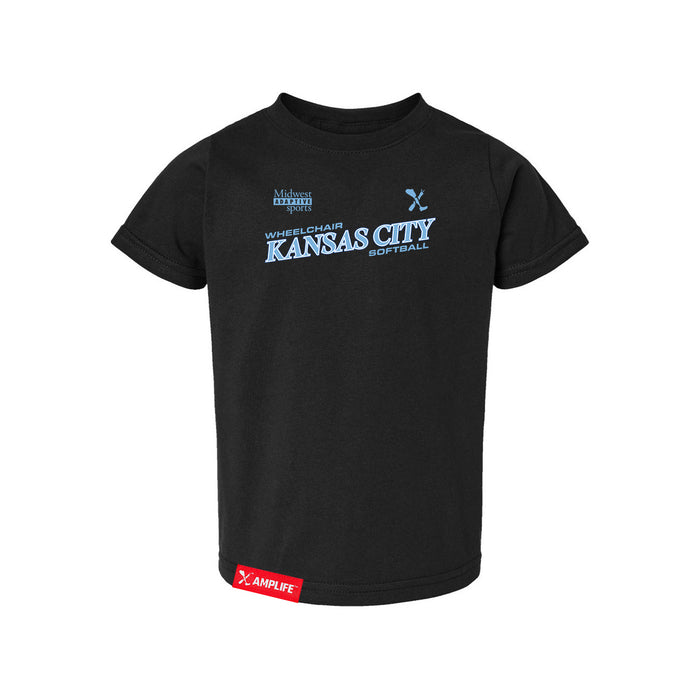 MAS Kansas City Wheelchair Softball Slant Toddler Black T-Shirt on a white background