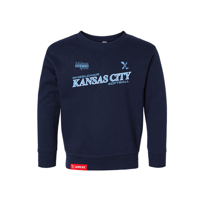 MAS Kansas City Wheelchair Softball Slant Toddler Navy Crewneck Sweatshirt on a white background
