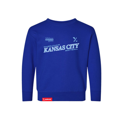 MAS Kansas City Wheelchair Softball Slant Toddler Royal Crewneck Sweatshirt on a white background