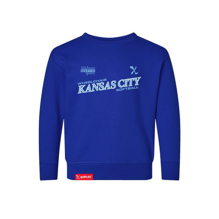 MAS Kansas City Wheelchair Softball Slant Toddler Royal Crewneck Sweatshirt on a white background