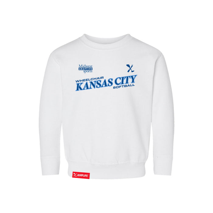 MAS Kansas City Wheelchair Softball Slant Toddler White Crewneck Sweatshirt on a white background