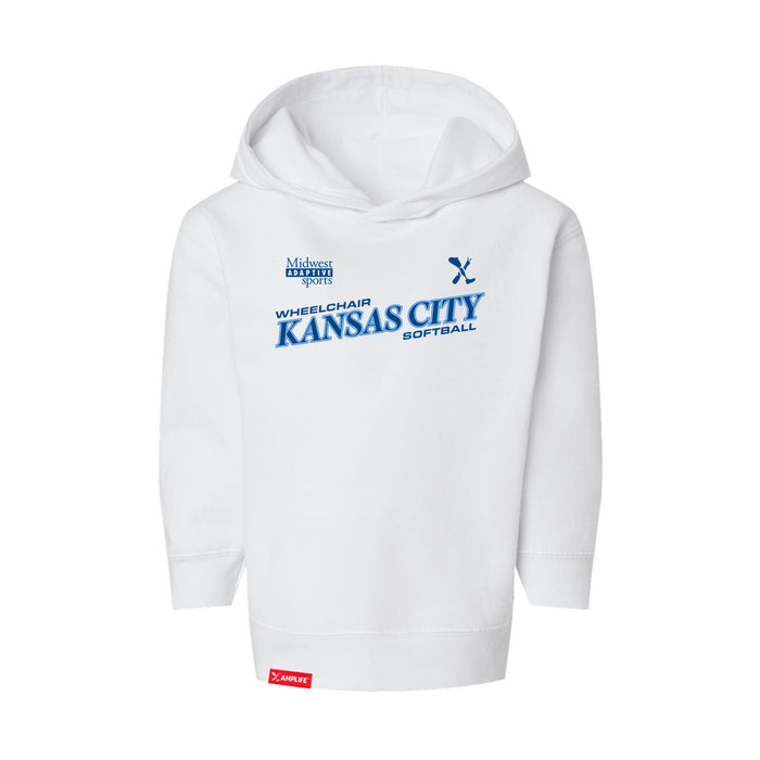 MAS Kansas City Wheelchair Softball Slant Toddler White Hoodie on a white background