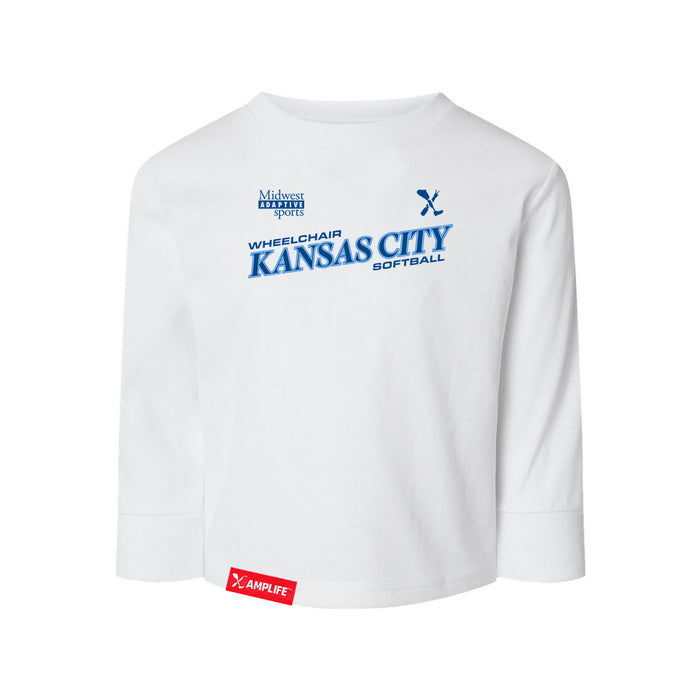 MAS Kansas City Wheelchair Softball Slant Toddler White Long Sleeve T-Shirt on a white background
