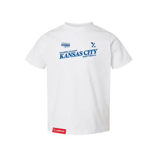 MAS Kansas City Wheelchair Softball Slant Toddler White T-Shirt on a white background