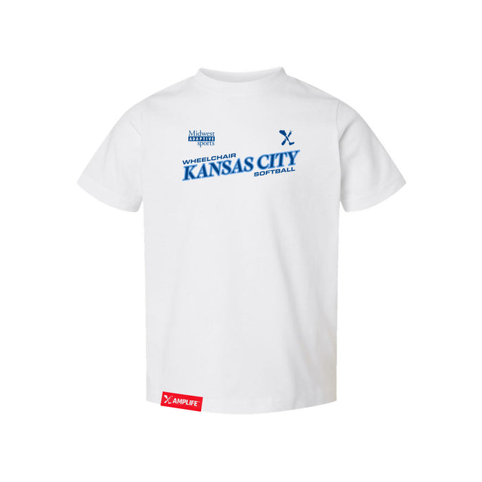 MAS Kansas City Wheelchair Softball Slant Toddler White T-Shirt on a white background
