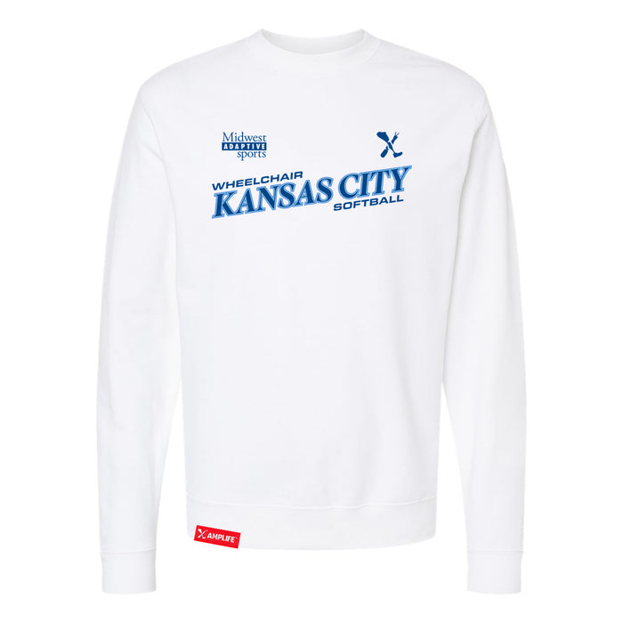MAS Kansas City Wheelchair Softball Slant White Crewneck Sweatshirt on a white background