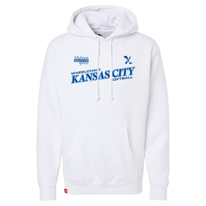 MAS Kansas City Wheelchair Softball Slant White Hoodie on a white background