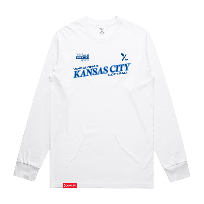 MAS Kansas City Wheelchair Softball Slant White Long Sleeve T-Shirt on a white background