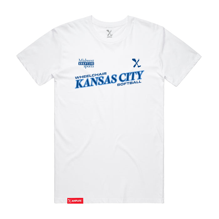 MAS Kansas City Wheelchair Softball Slant White T-Shirt on a white background