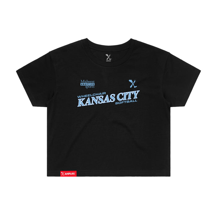 MAS Kansas City Wheelchair Softball Slant Women's Black Crop T-Shirt on a white background