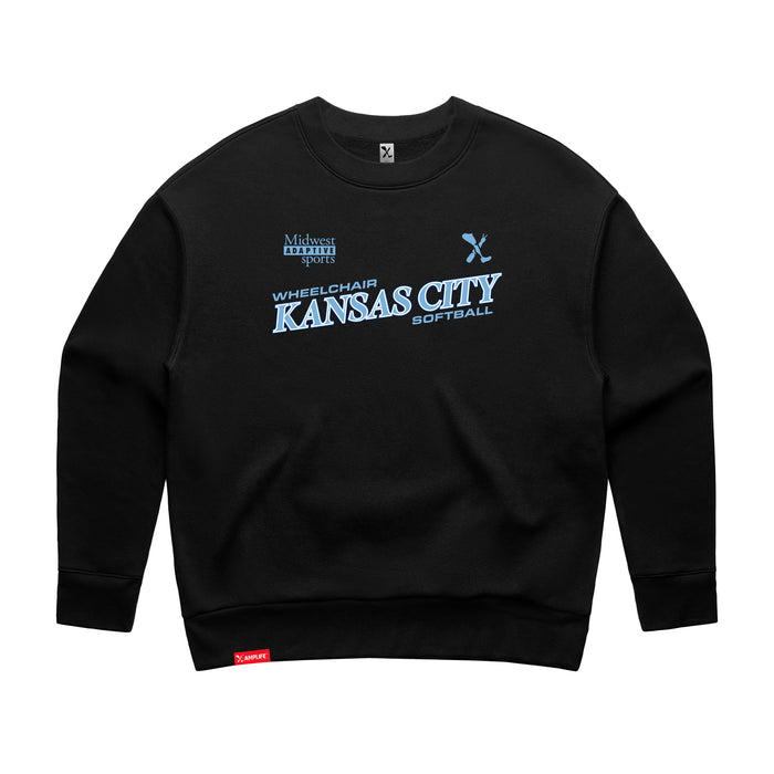 MAS Kansas City Wheelchair Softball Slant Women's Black Modern Crewneck Sweatshirt on a white background
