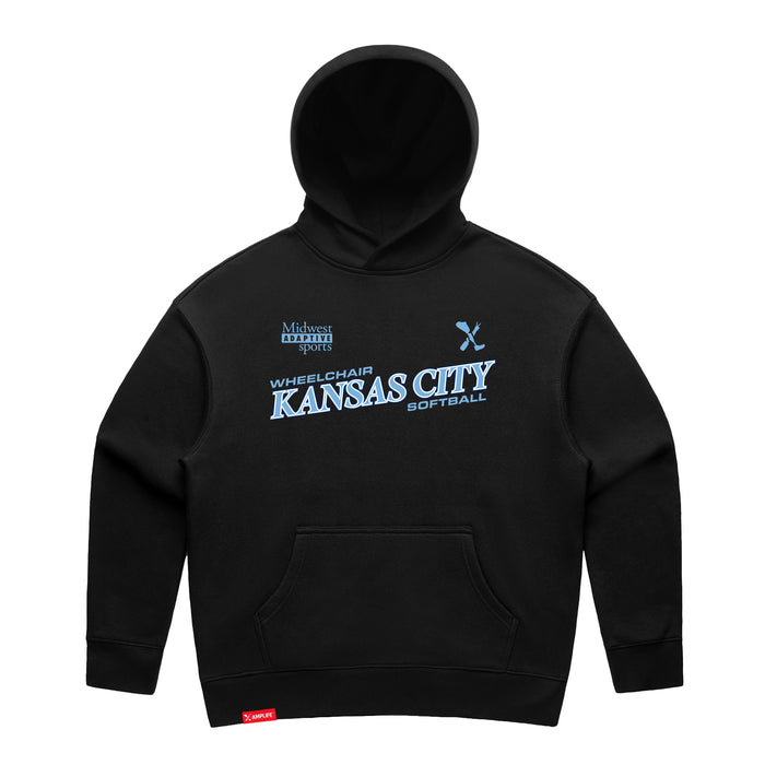MAS Kansas City Wheelchair Softball Slant Women's Black Modern Hoodie on a white background