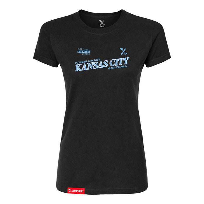 MAS Kansas City Wheelchair Softball Slant Women's Black Slim T-Shirt on a white background