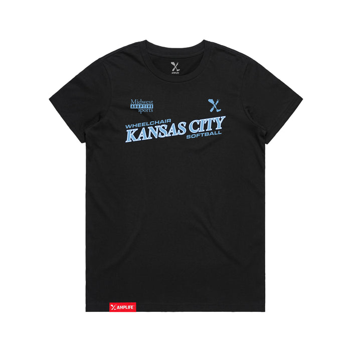 MAS Kansas City Wheelchair Softball Slant Women's Black T-Shirt on a white background