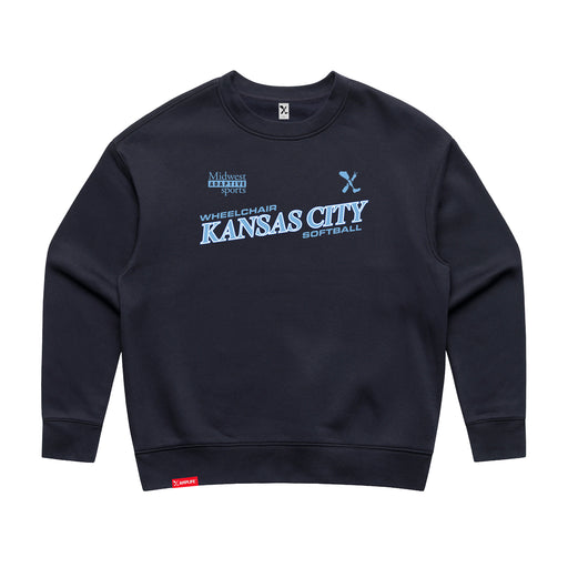 MAS Kansas City Wheelchair Softball Slant Women's Ink Blue Modern Crewneck Sweatshirt on a white background