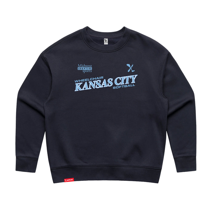 MAS Kansas City Wheelchair Softball Slant Women's Ink Blue Modern Crewneck Sweatshirt on a white background