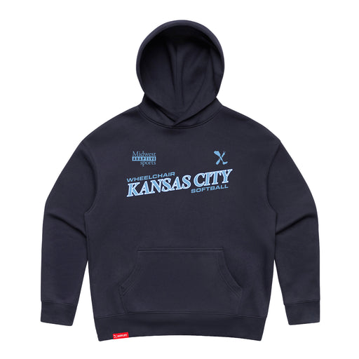 MAS Kansas City Wheelchair Softball Slant Women's Ink Blue Modern Hoodie on a white background