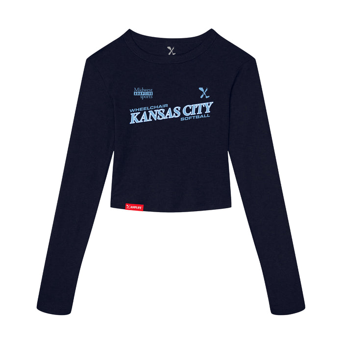 MAS Kansas City Wheelchair Softball Slant Women's Navy Crop Long Sleeve T-Shirt on a white background
