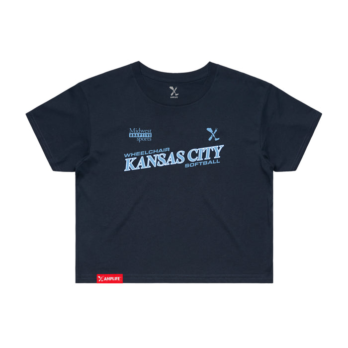 MAS Kansas City Wheelchair Softball Slant Women's Navy Crop T-Shirt on a white background