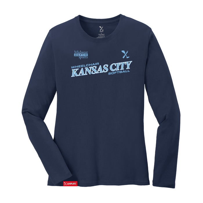 MAS Kansas City Wheelchair Softball Slant Women's Navy Long Sleeve T-Shirt on a white background