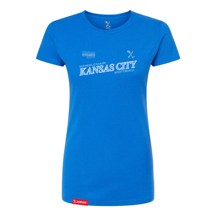 MAS Kansas City Wheelchair Softball Slant Women's Royal Slim T-Shirt on a white background