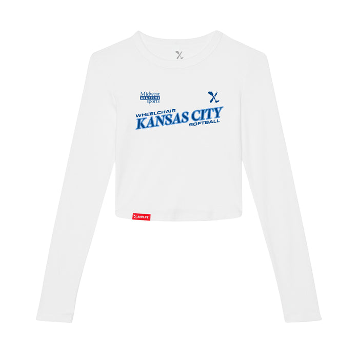 MAS Kansas City Wheelchair Softball Slant Women's White Crop Long Sleeve T-Shirt on a white background